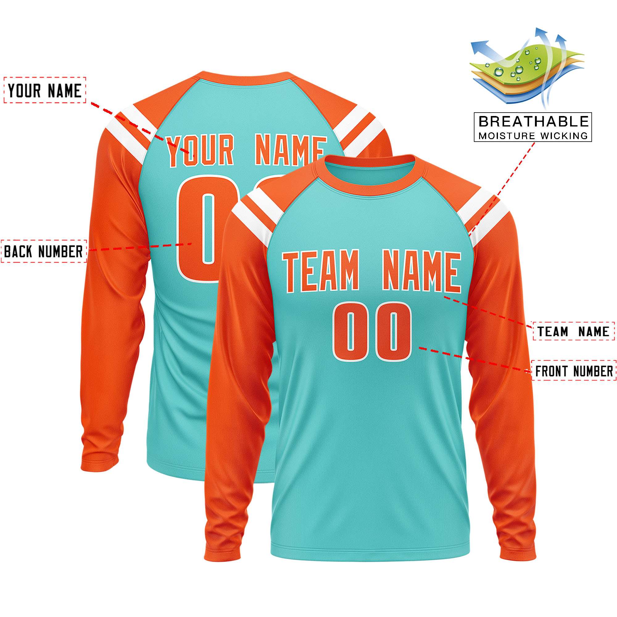 Custom Bright Green Orange-White Crew Neck Personalized Raglan Long Sleeve Performance T-Shirt