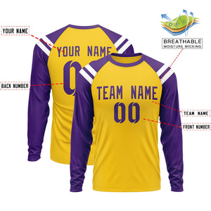 Custom Gold Purple-White Crew Neck Personalized Raglan Long Sleeve Performance T-Shirt