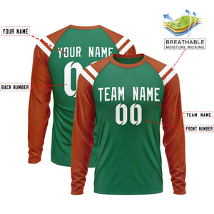 Custom Kelly Green Texas Orange-White Crew Neck Personalized Raglan Long Sleeve Performance T-Shirt