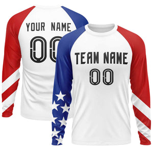 Custom White Royal-Red Personalized American Flag Design Long Sleeve Performance T-shirt