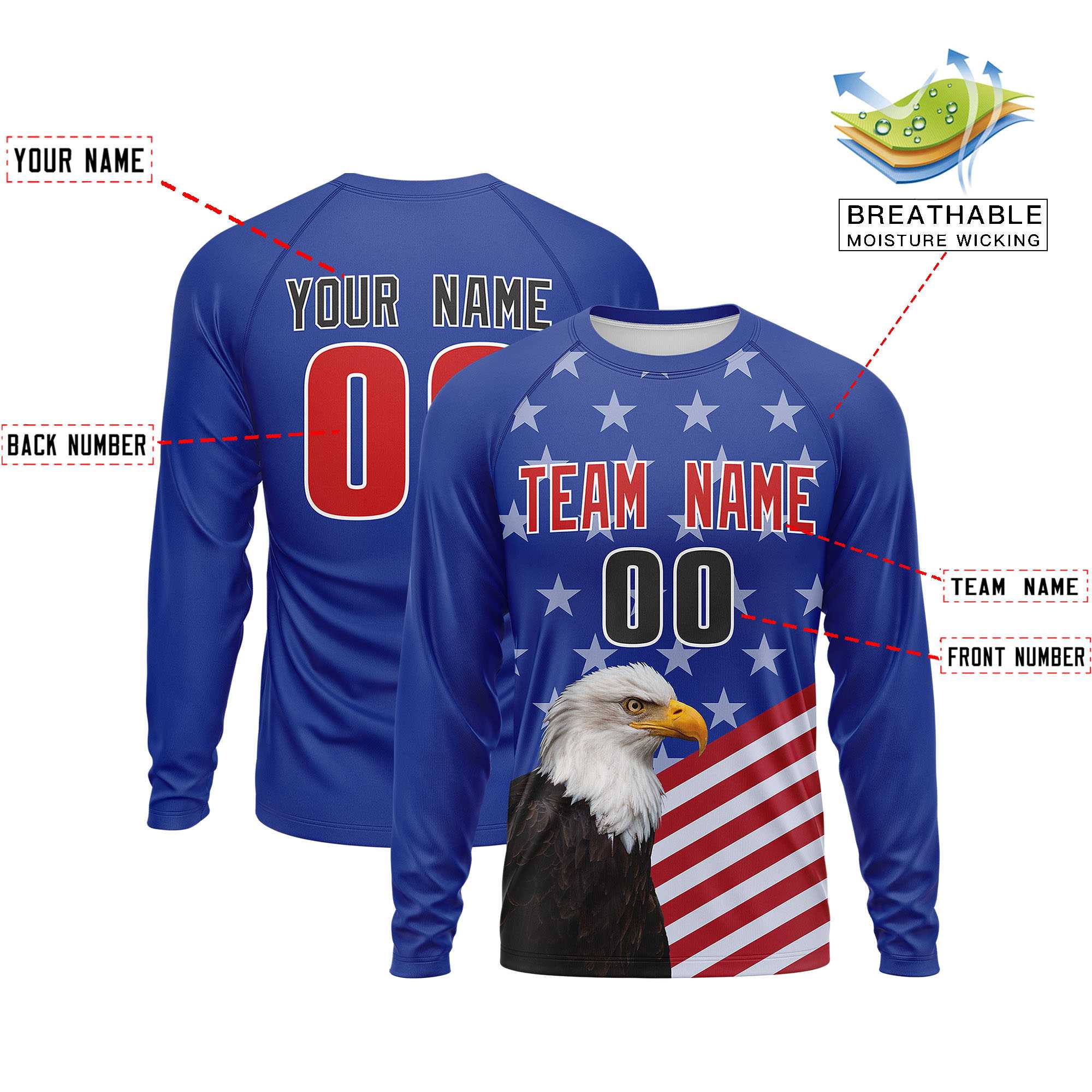 Custom Royal Red-White Personalized American Flag Design Long Sleeve Performance T-shirt