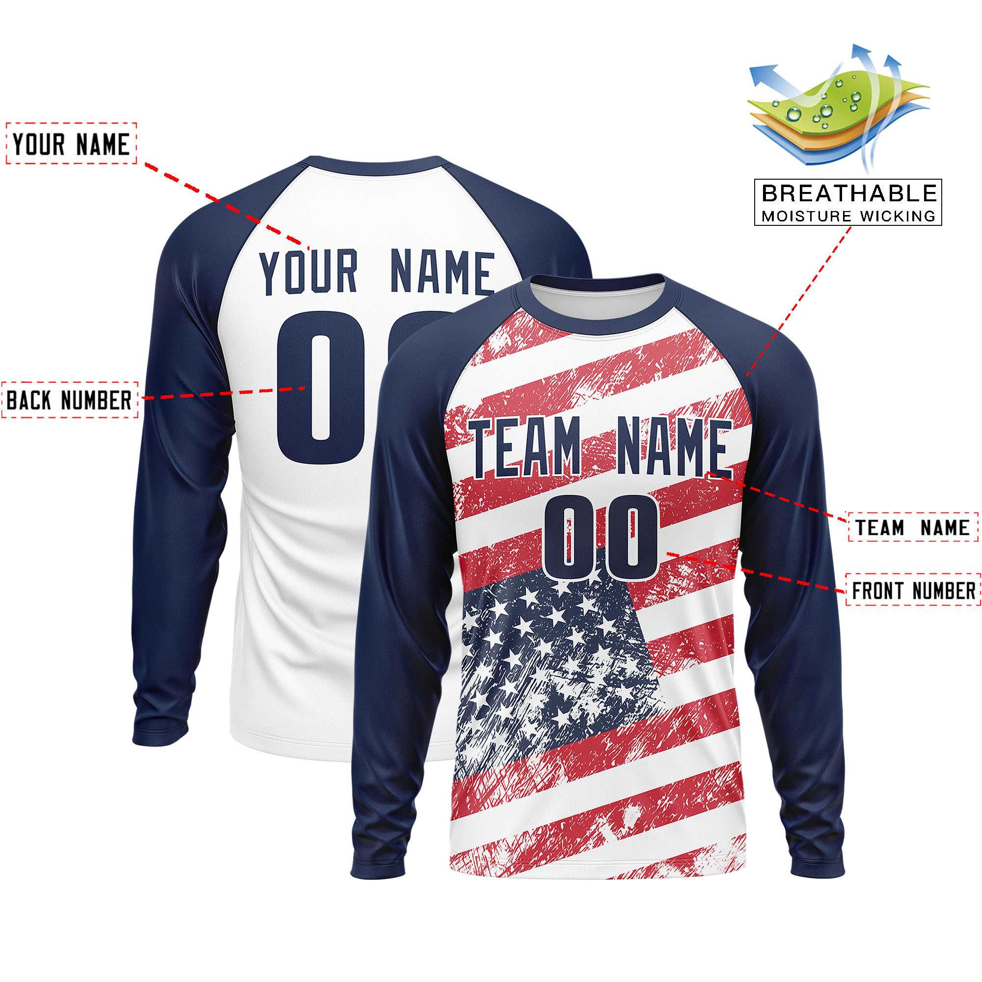 Custom White Navy-Red Personalized American Flag Design Long Sleeve Performance T-shirt