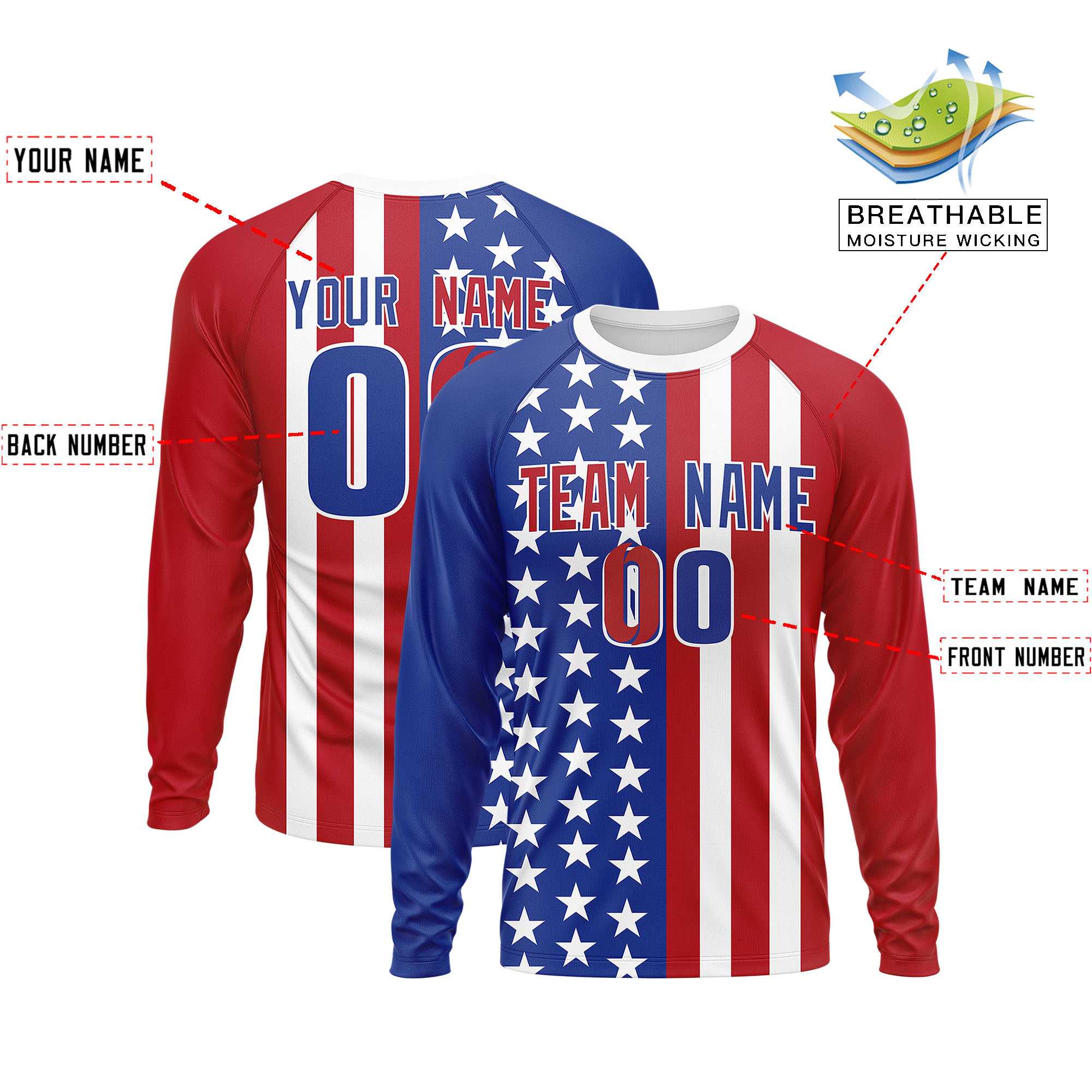 Custom Royal Red Personalized American Flag Design Long Sleeve Performance T-shirt