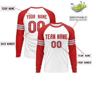 Custom White Red Gray Crew Neck Personalized Raglan Long Sleeve Performance T-shirt