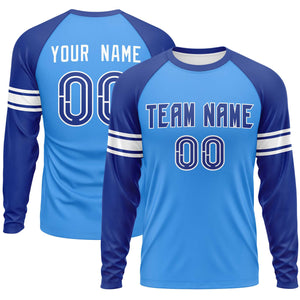 Custom Powder Blue Royal White Crew Neck Personalized Raglan Long Sleeve Performance T-shirt