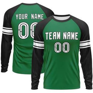 Custom Kelly Green Black White Crew Neck Personalized Raglan Long Sleeve Performance T-shirt