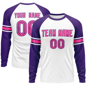 Custom White Purple Pink Crew Neck Personalized Raglan Long Sleeve Performance T-shirt