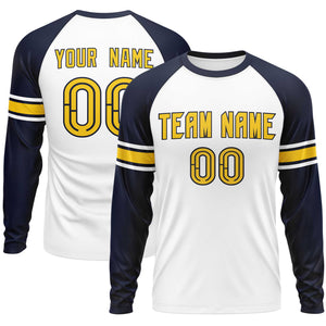 Custom White Navy Gold Crew Neck Personalized Raglan Long Sleeve Performance T-shirt