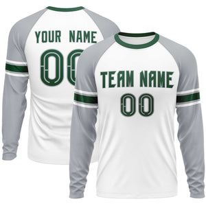 Custom White Gray Green Crew Neck Personalized Raglan Long Sleeve Performance T-shirt