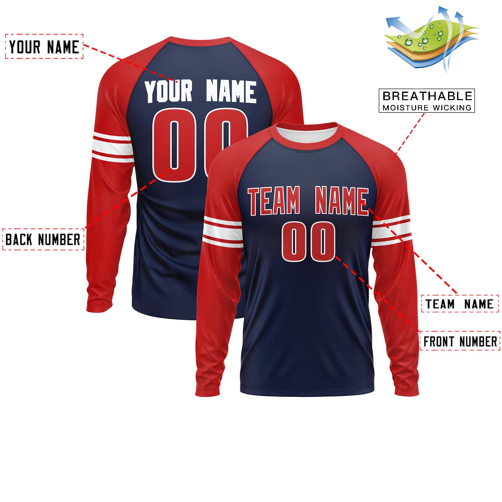 Custom Navy Red White Crew Neck Personalized Raglan Long Sleeve Performance T-shirt