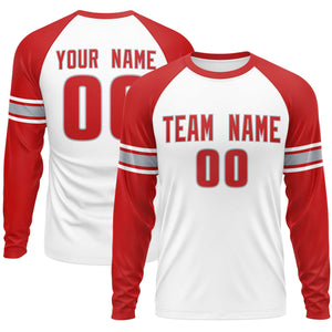 Custom White Red Gray Crew Neck Personalized Raglan Long Sleeve Performance T-shirt