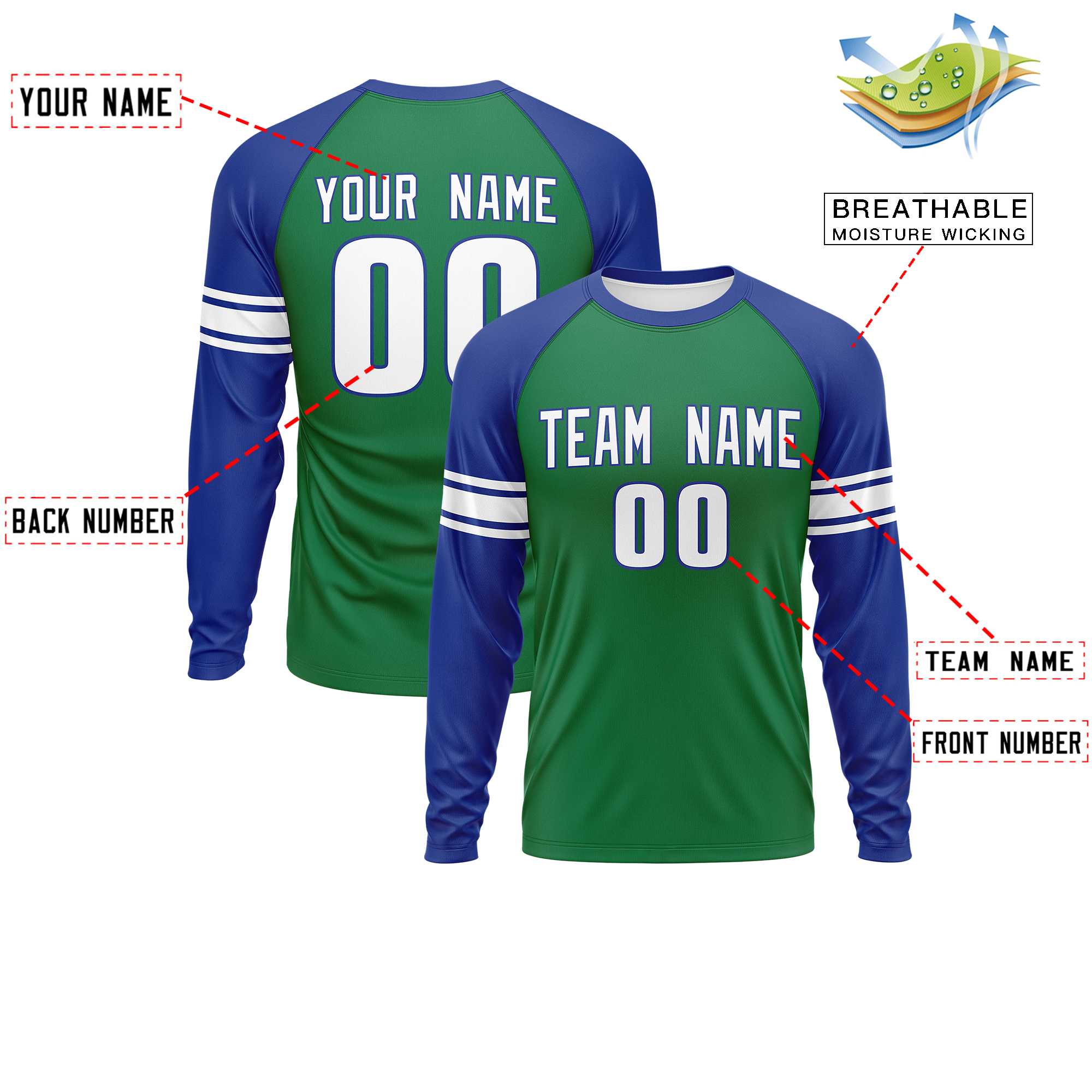 Custom Kelly Green Royal White Crew Neck Personalized Raglan Long Sleeve Performance T-shirt