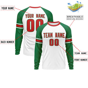 Custom White Kelly Green Red Crew Neck Personalized Raglan Long Sleeve Performance T-shirt