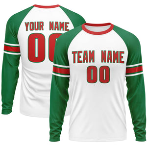 Custom White Kelly Green Red Crew Neck Personalized Raglan Long Sleeve Performance T-shirt