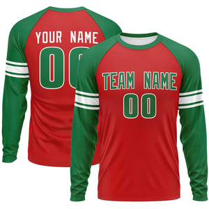 Custom Red Kelly Green White Crew Neck Personalized Raglan Long Sleeve Performance T-shirt