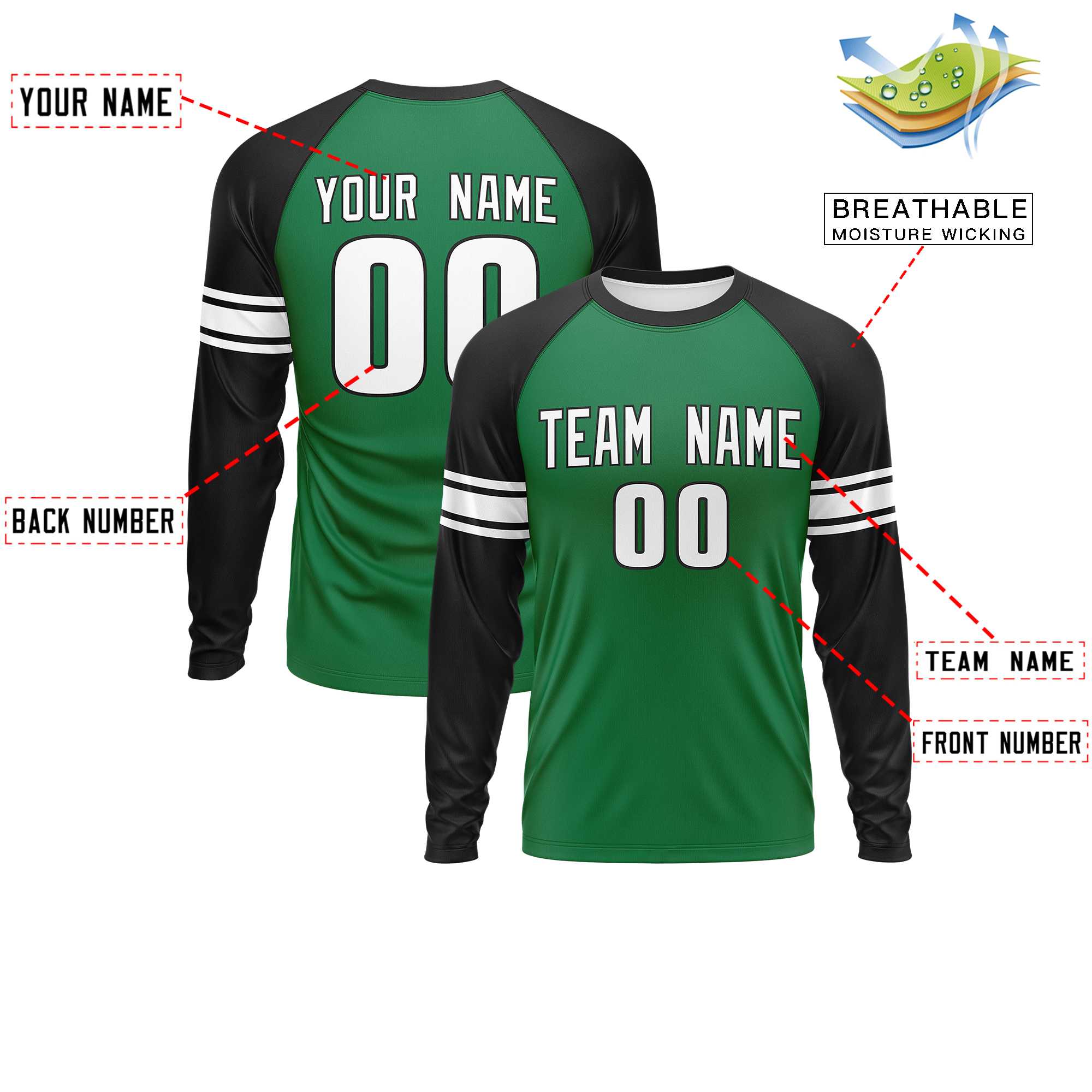 Custom Kelly Green Black White Crew Neck Personalized Raglan Long Sleeve Performance T-shirt