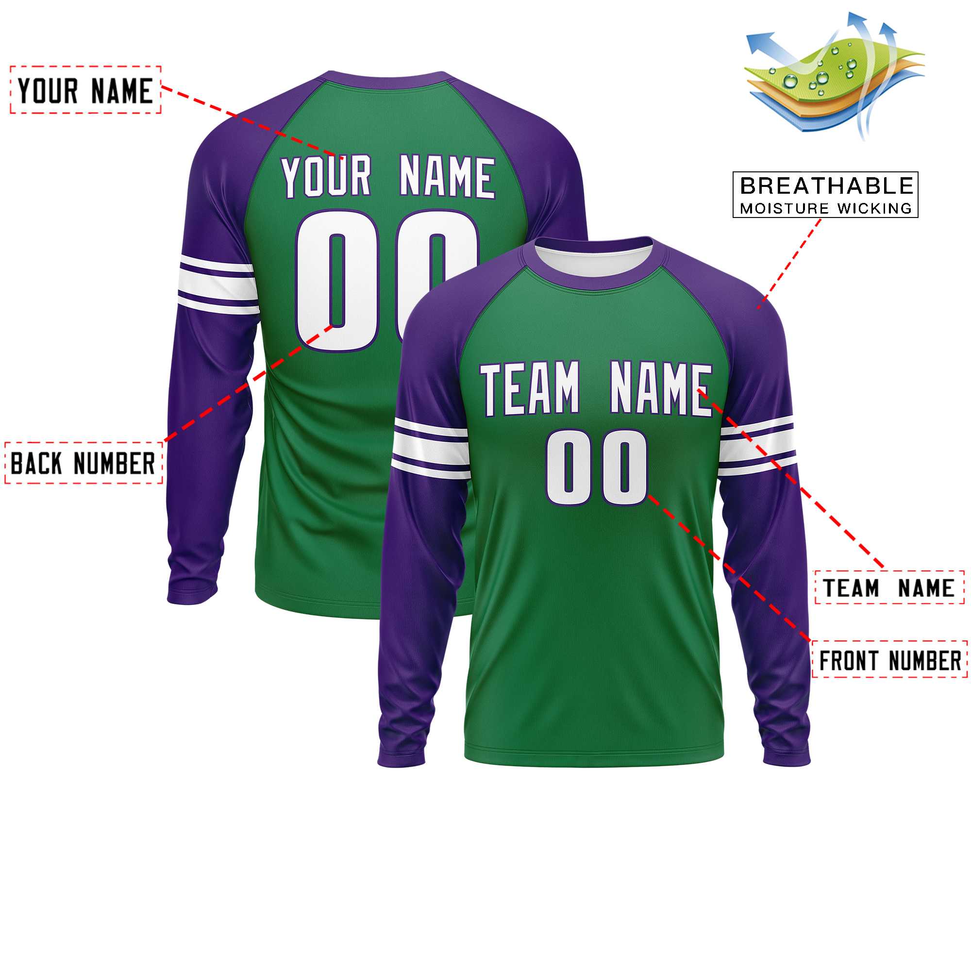 Custom Kelly Green Purple White Crew Neck Personalized Raglan Long Sleeve Performance T-shirt