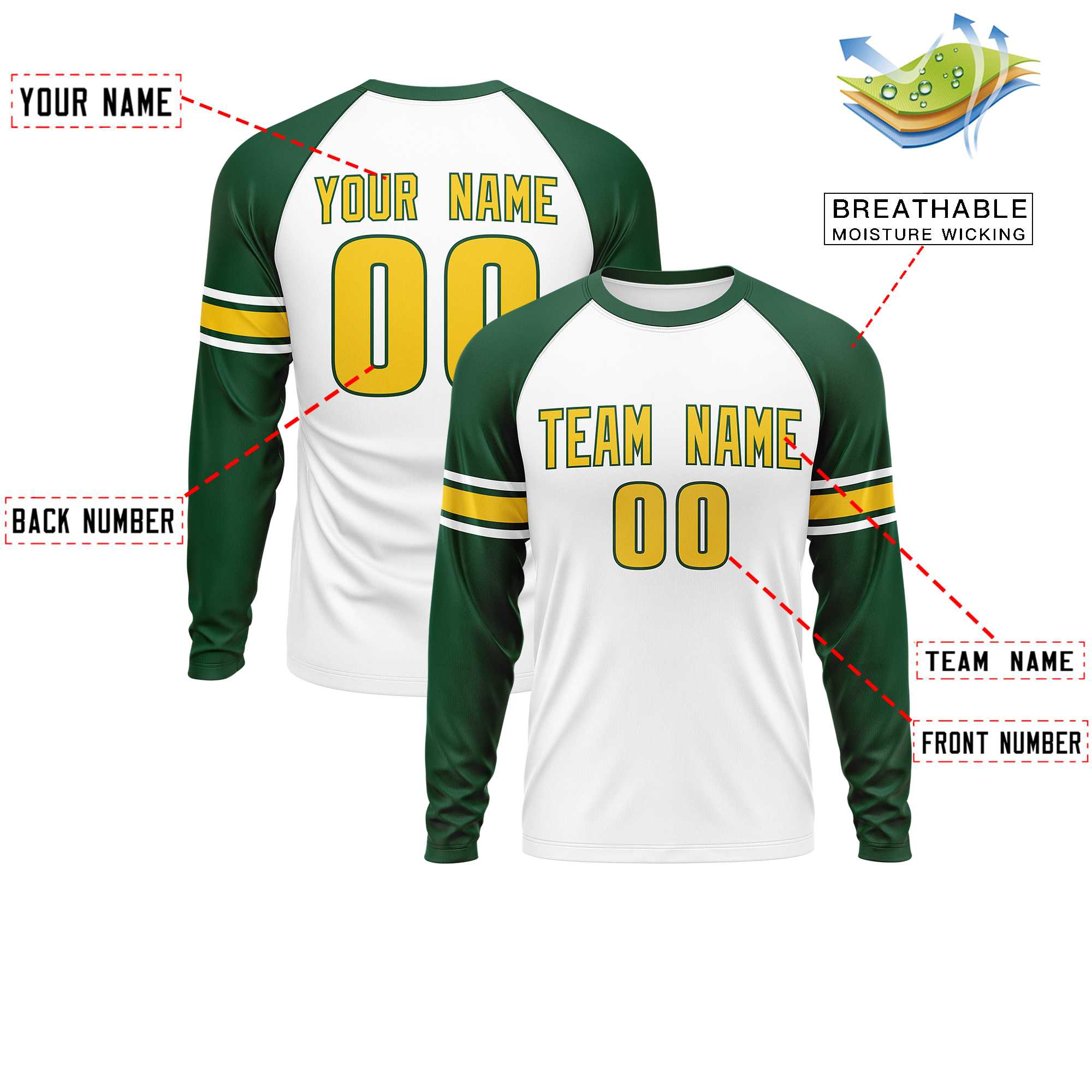 Custom White Green Gold Crew Neck Personalized Raglan Long Sleeve Performance T-shirt