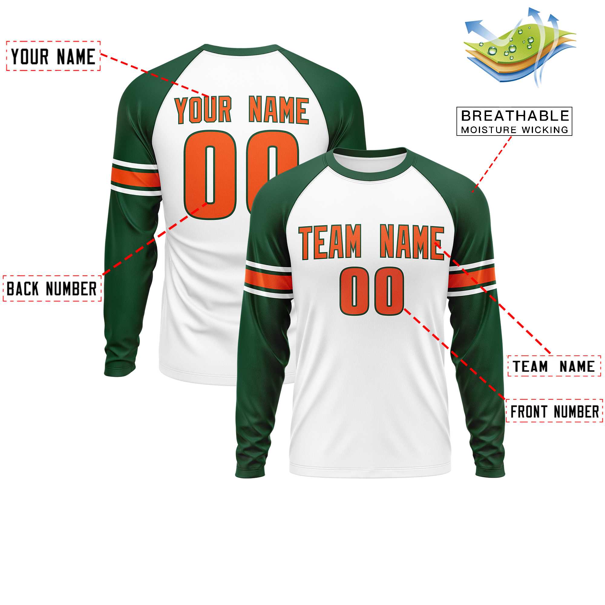 Custom White Green Orange Crew Neck Personalized Raglan Long Sleeve Performance T-shirt