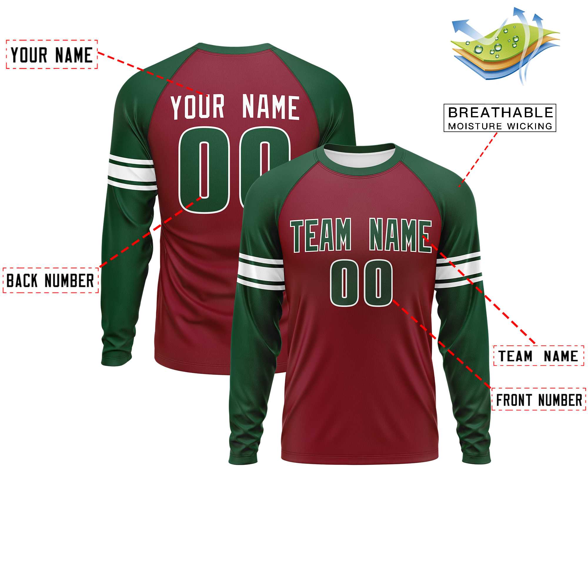 Custom Crimson Green White Crew Neck Personalized Raglan Long Sleeve Performance T-shirt