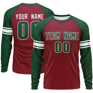 Custom Crimson Green White Crew Neck Personalized Raglan Long Sleeve Performance T-shirt