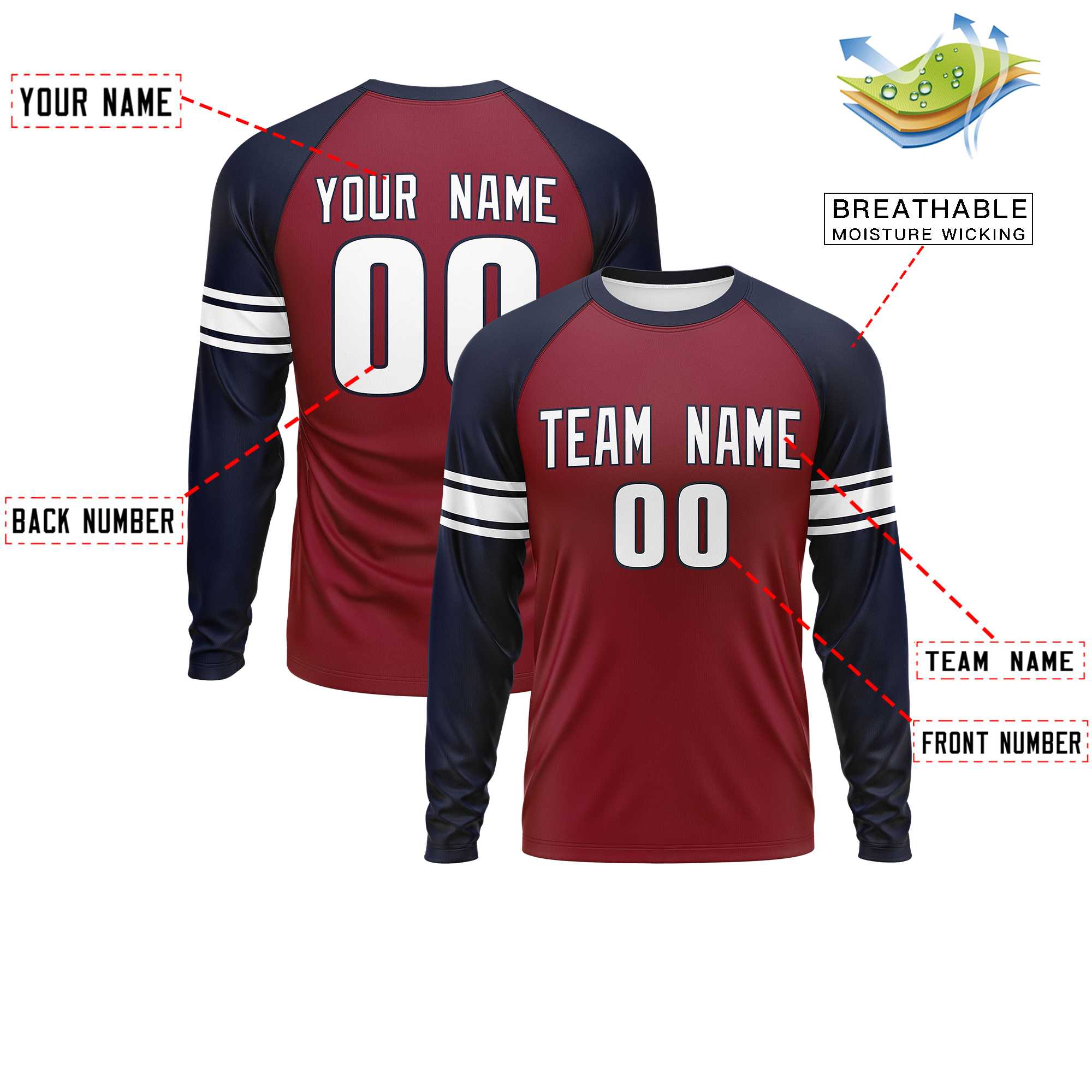 Custom Crimson Navy White Crew Neck Personalized Raglan Long Sleeve Performance T-shirt