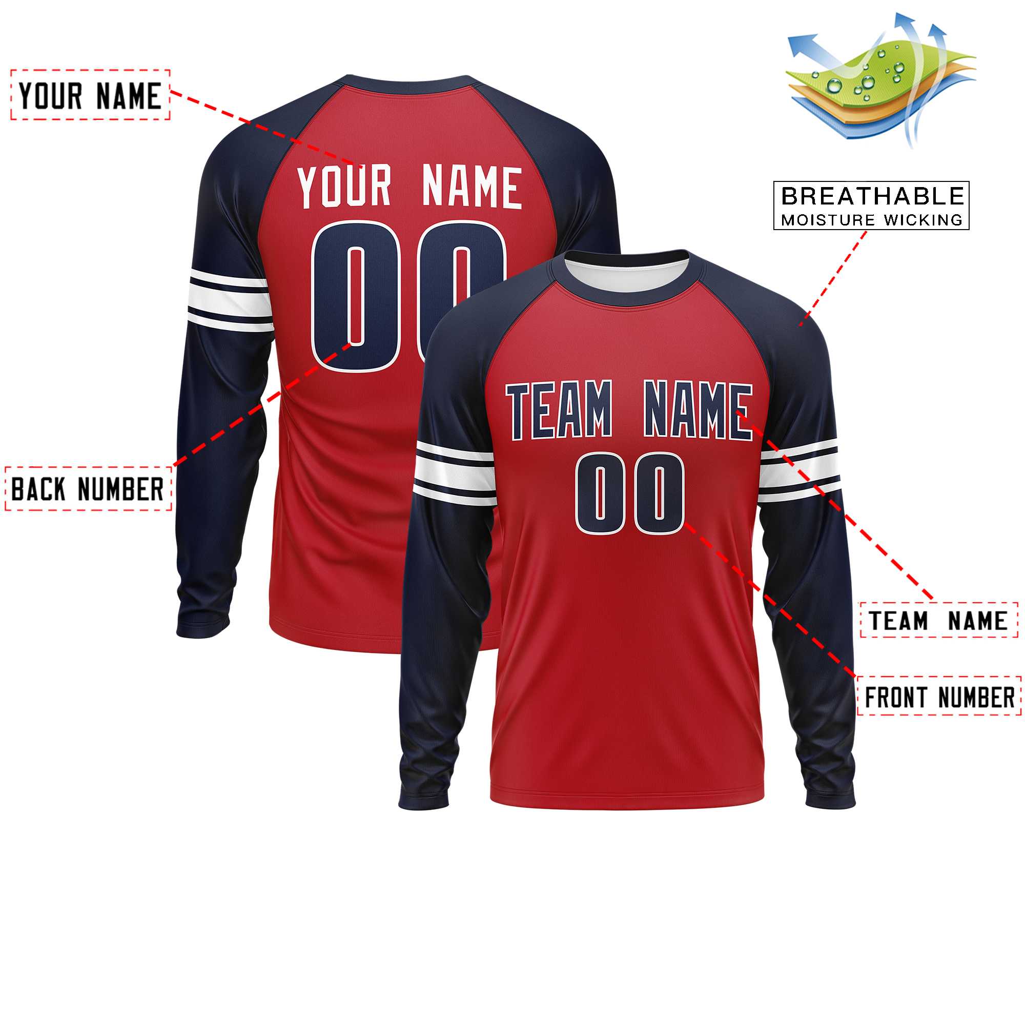 Custom Red Navy White Crew Neck Personalized Raglan Long Sleeve Performance T-shirt