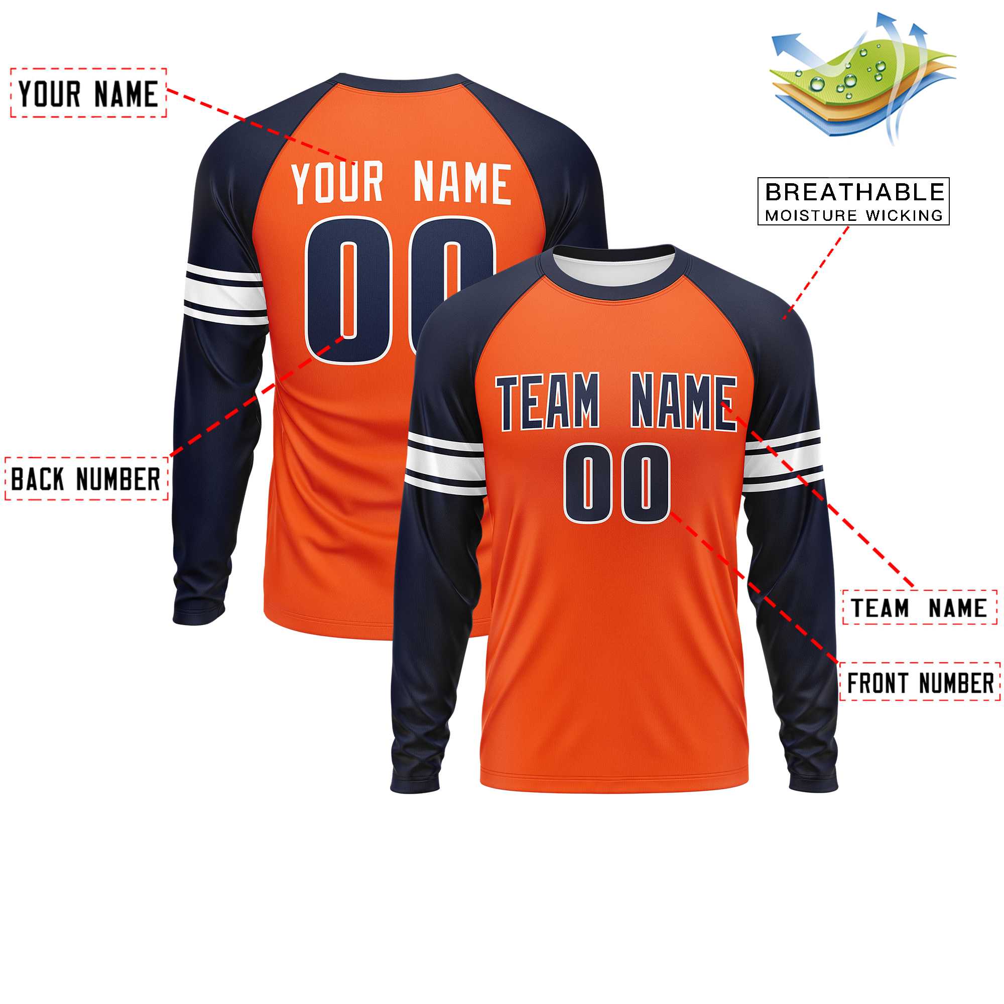 Custom Orange Navy White Crew Neck Personalized Raglan Long Sleeve Performance T-shirt