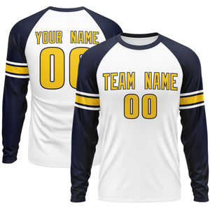 Custom White Navy Gold Crew Neck Personalized Raglan Long Sleeve Performance T-shirt