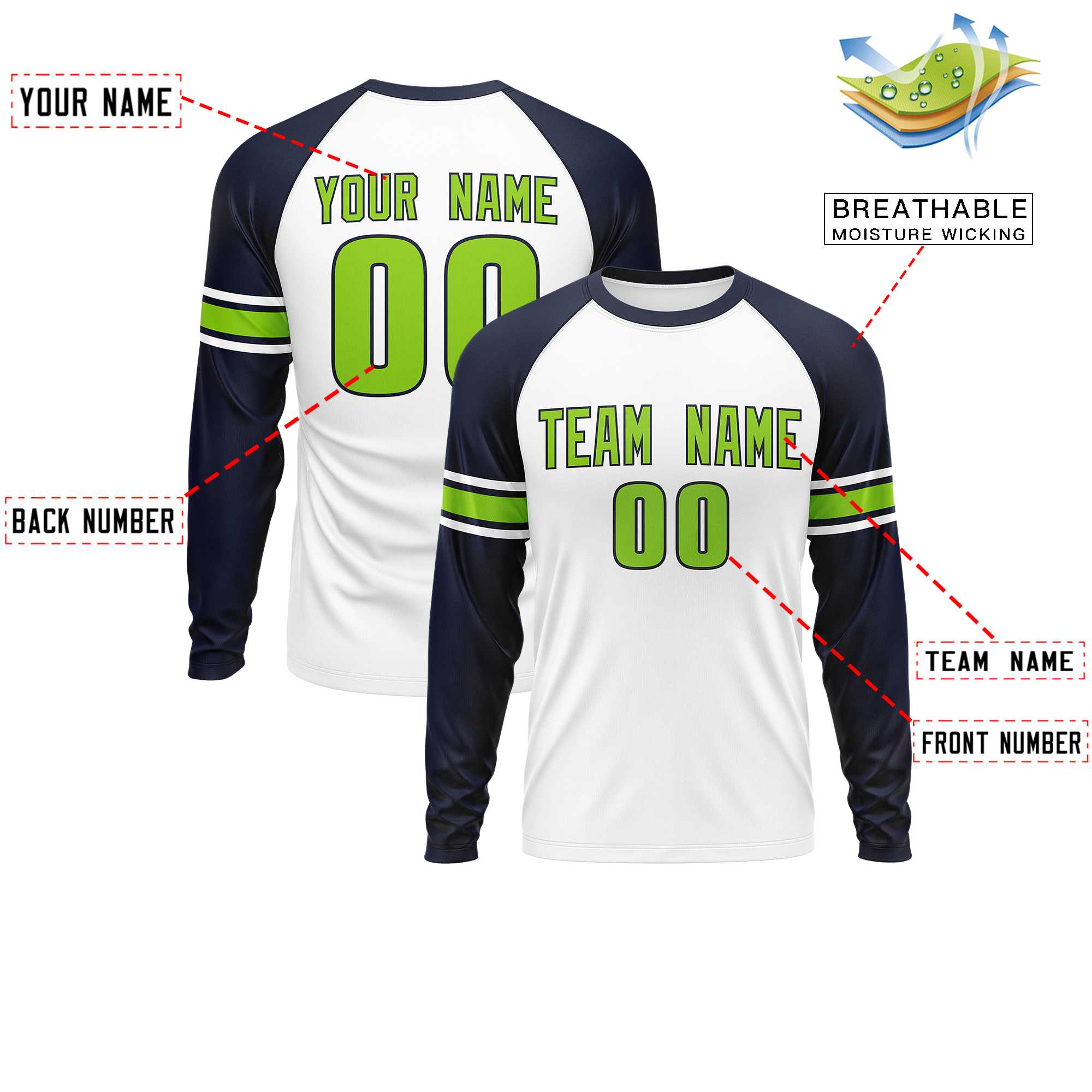 Custom White Navy Neon Green Crew Neck Personalized Raglan Long Sleeve Performance T-shirt