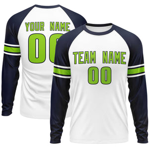 Custom White Navy Neon Green Crew Neck Personalized Raglan Long Sleeve Performance T-shirt