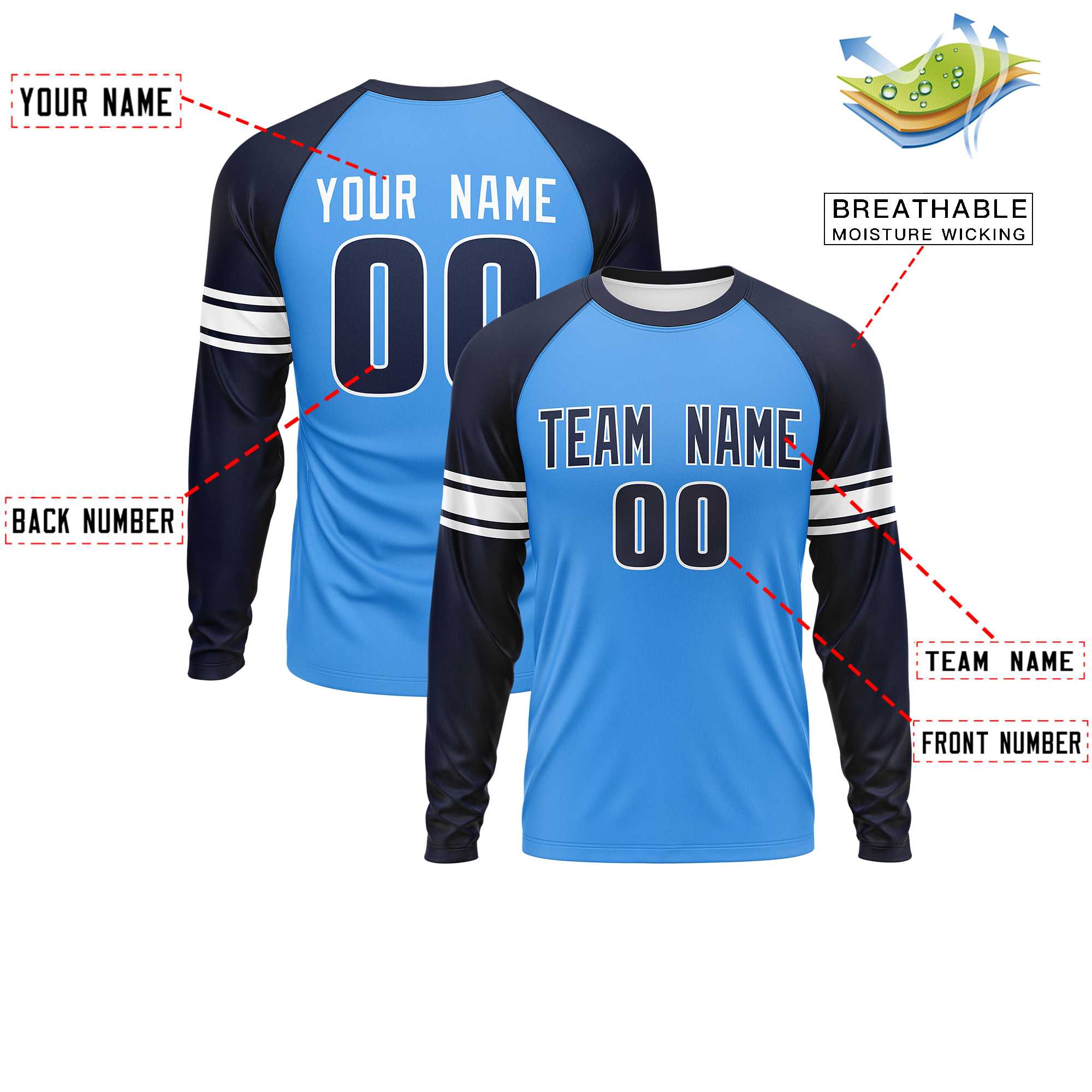 Custom Powder Blue Navy White Crew Neck Personalized Raglan Long Sleeve Performance T-shirt