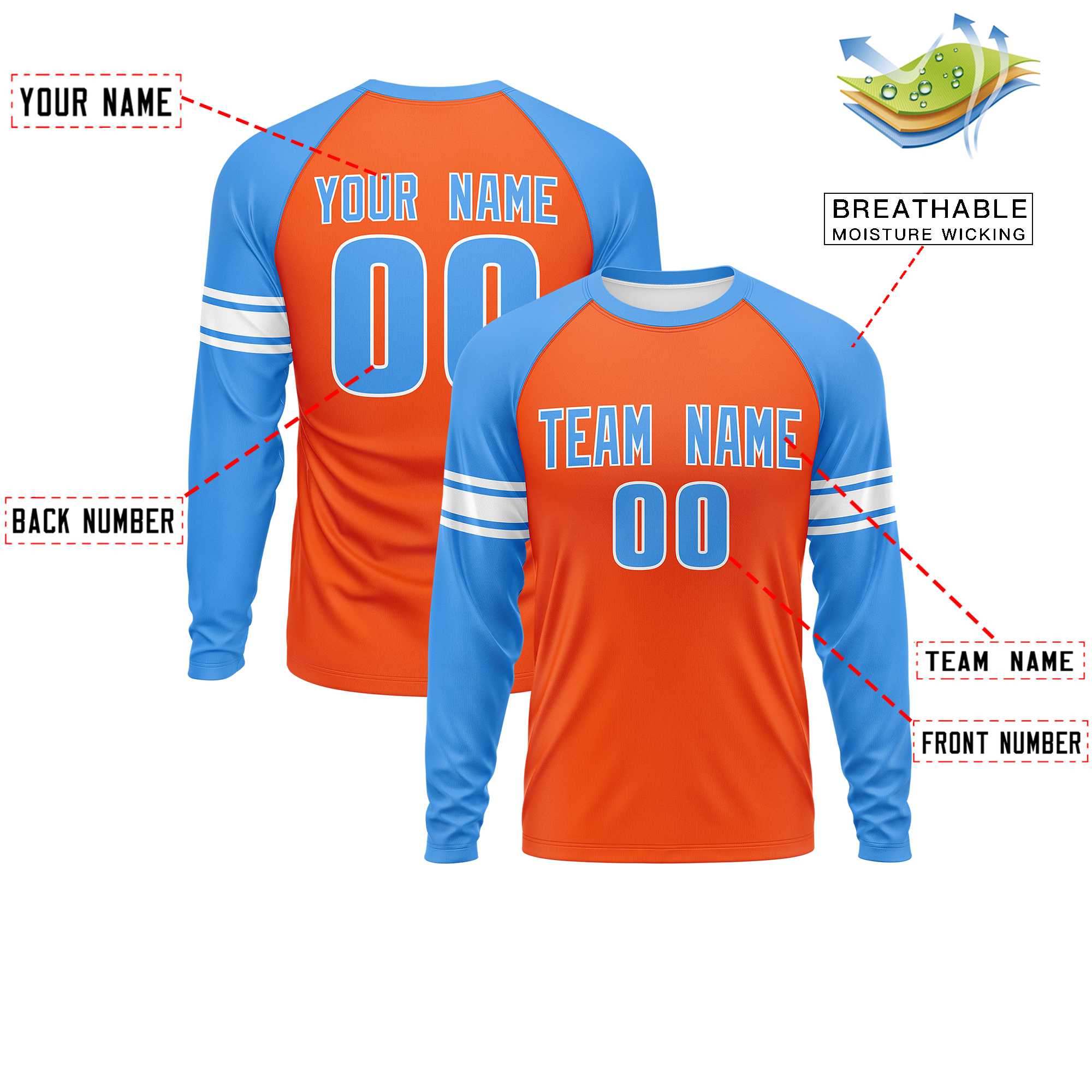 Custom Orange Powder Blue White Crew Neck Personalized Raglan Long Sleeve Performance T-shirt