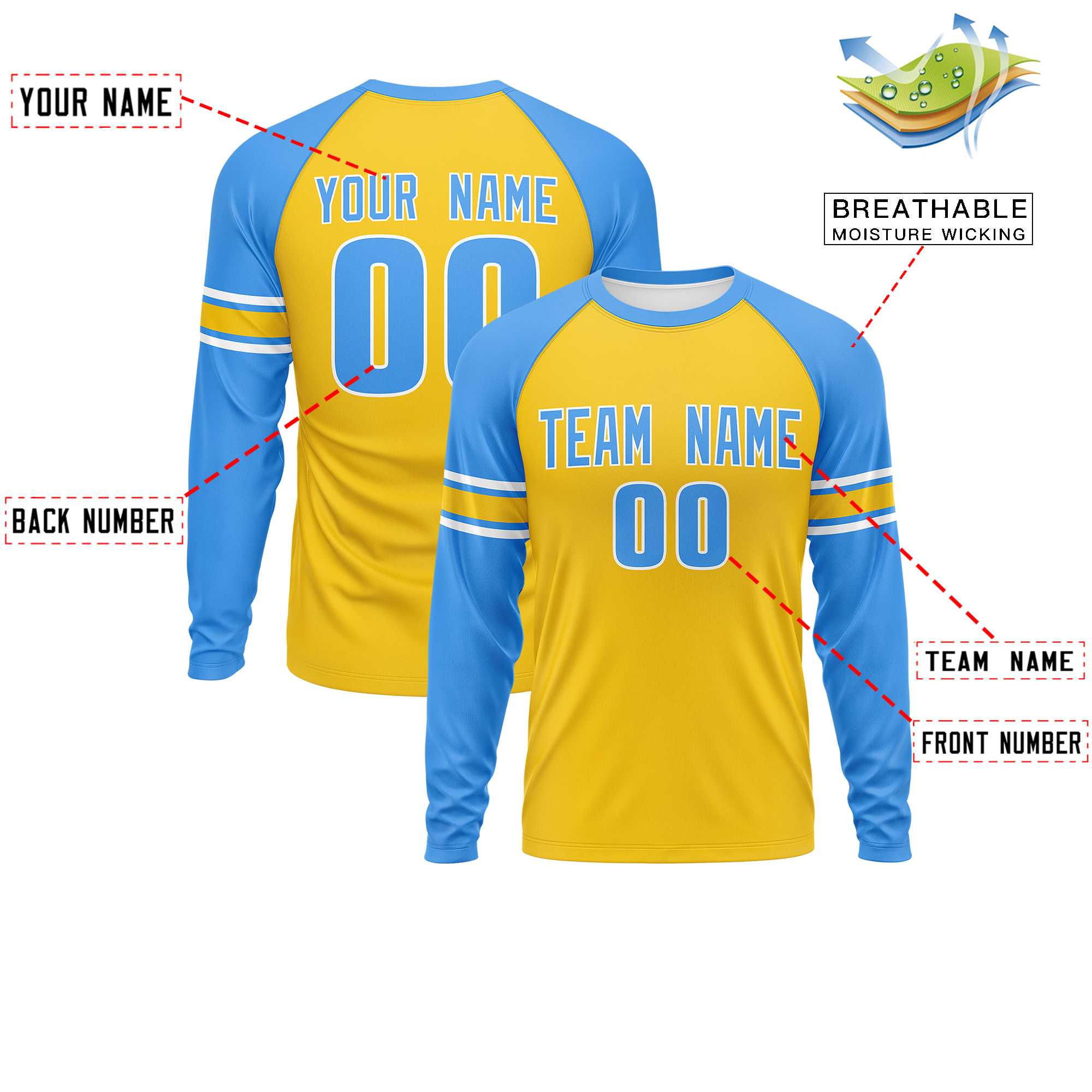 Custom Gold Powder Blue White Crew Neck Personalized Raglan Long Sleeve Performance T-shirt