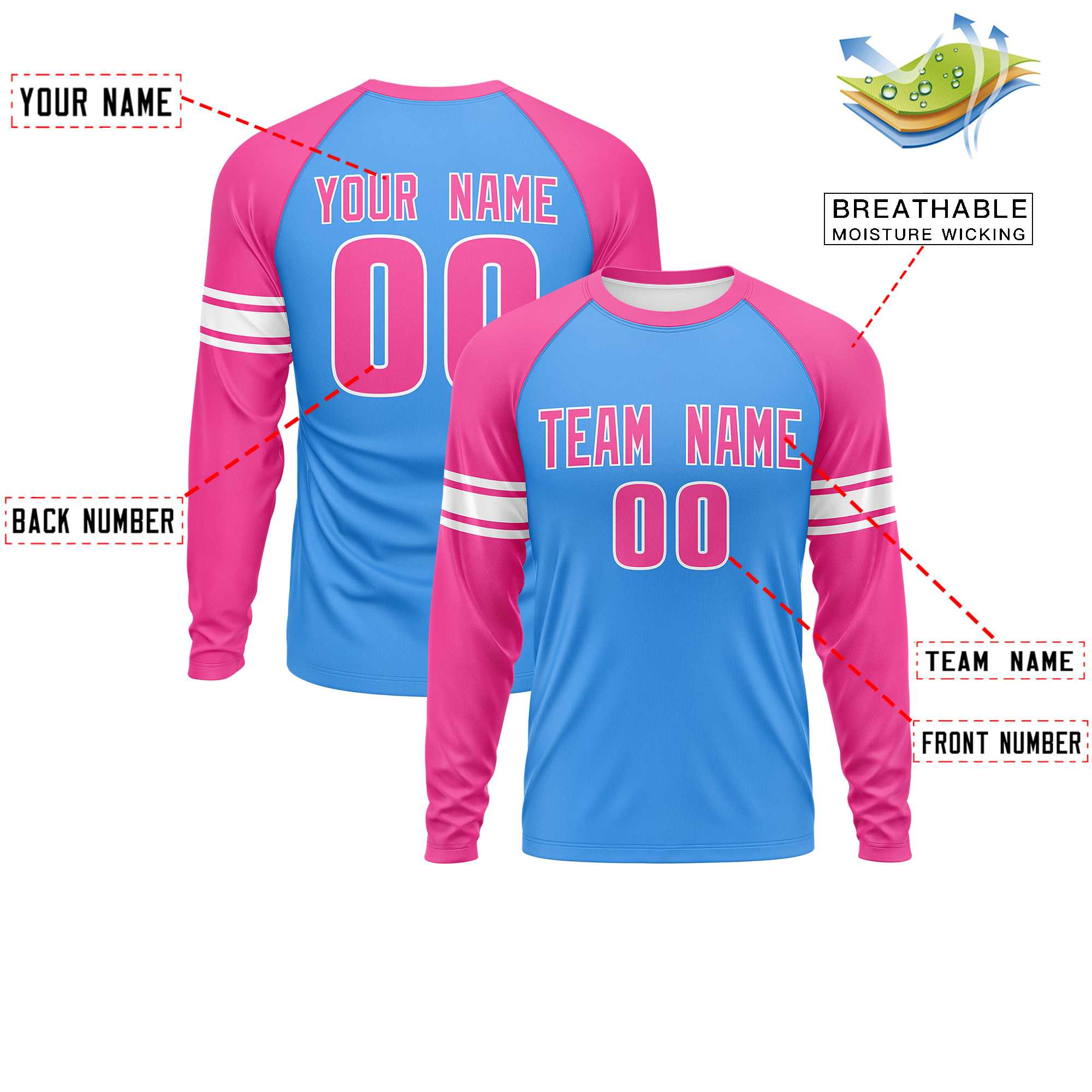 Custom Powder Blue Pink White Crew Neck Personalized Raglan Long Sleeve Performance T-shirt