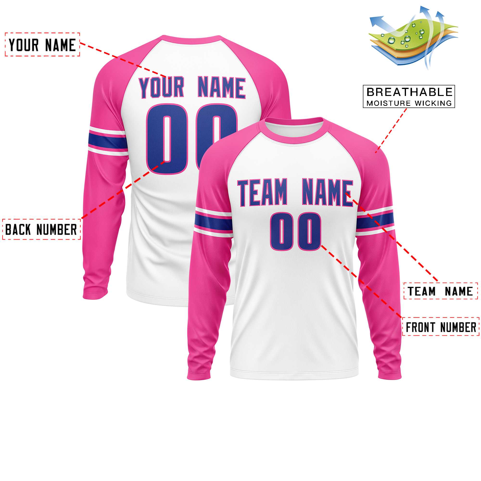 Custom White Pink Royal Crew Neck Personalized Raglan Long Sleeve Performance T-shirt