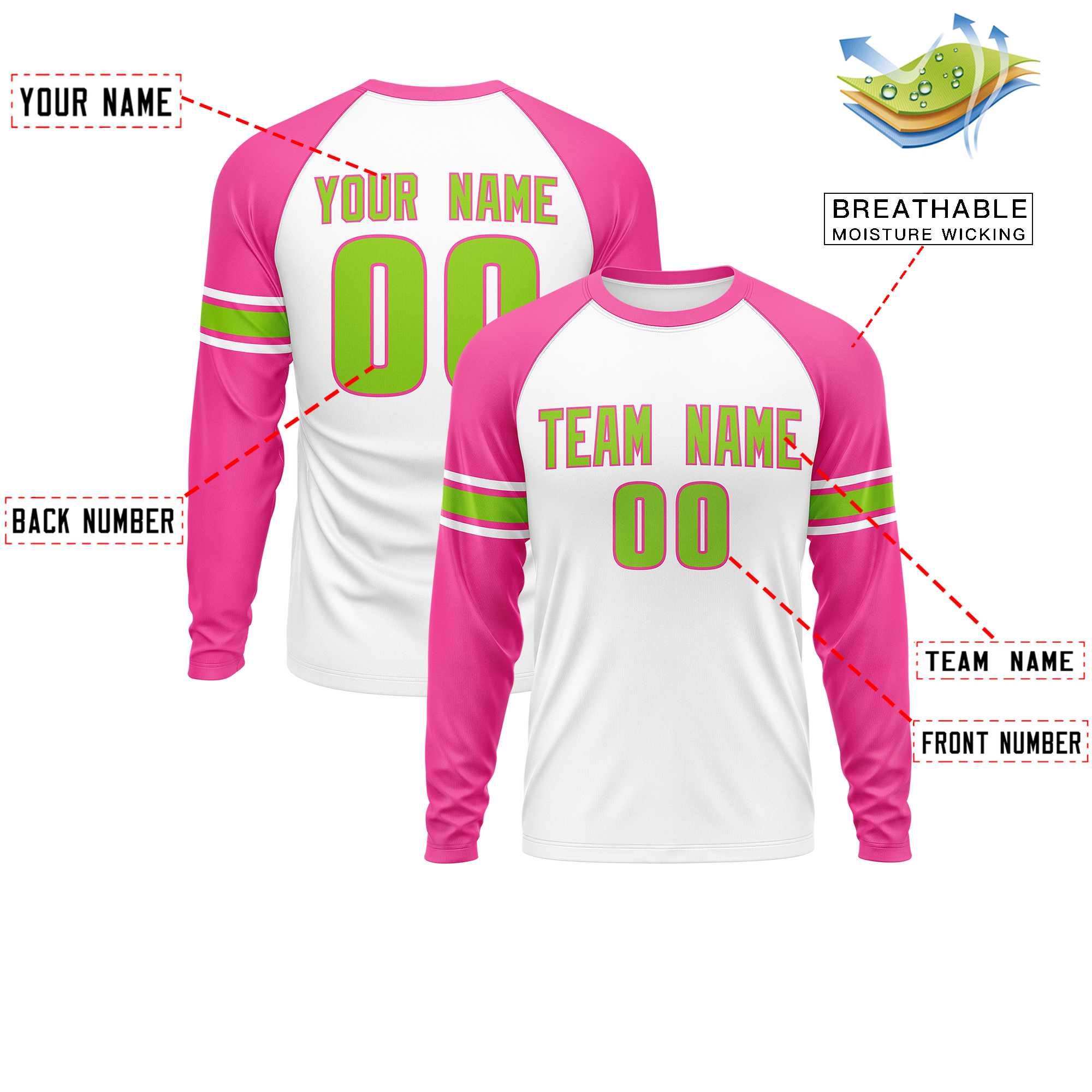 Custom White Pink Neon Green Crew Neck Personalized Raglan Long Sleeve Performance T-shirt