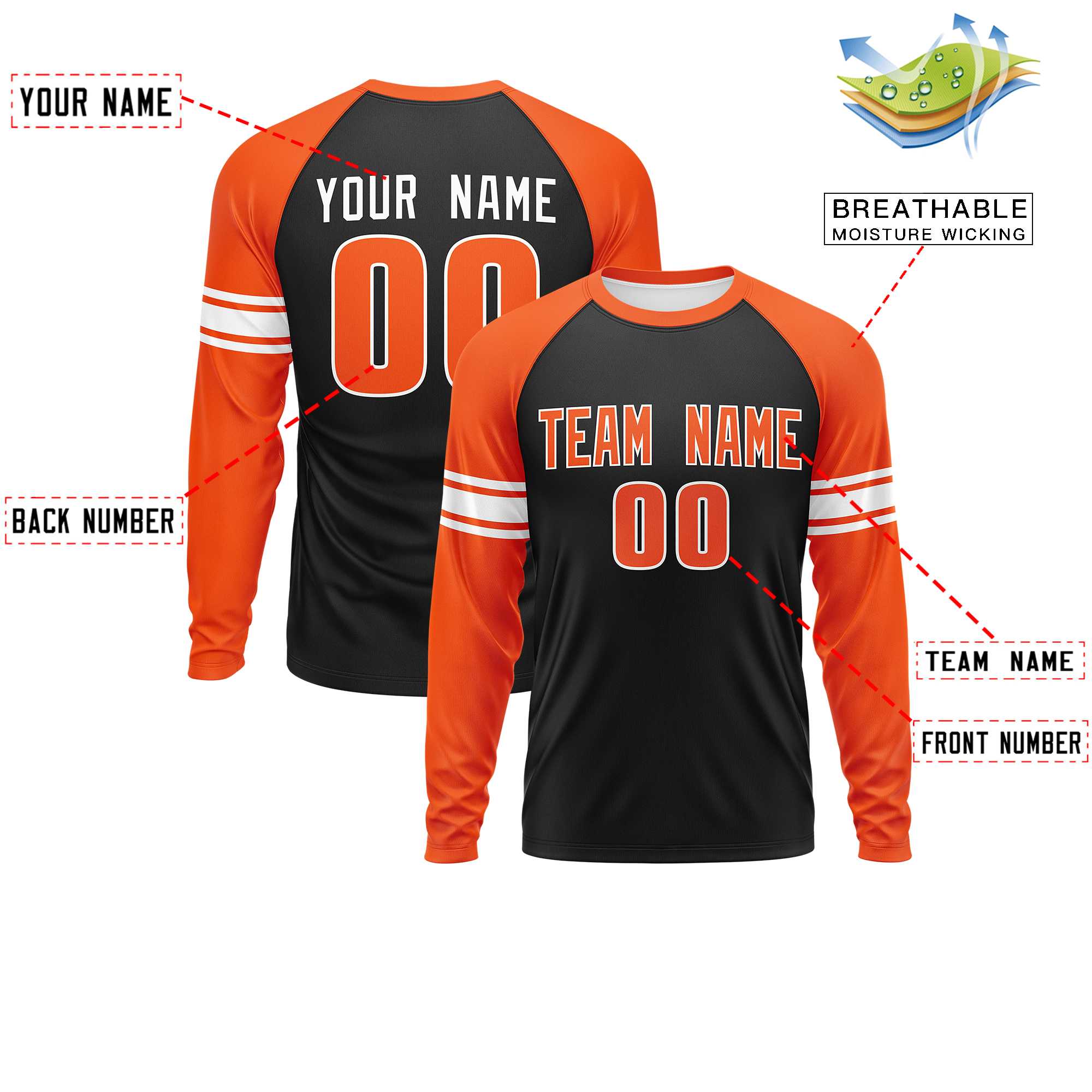 Custom Black Orange White Crew Neck Personalized Raglan Long Sleeve Performance T-shirt