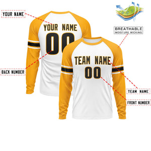 Custom White Yellow Black Crew Neck Personalized Raglan Long Sleeve Performance T-shirt