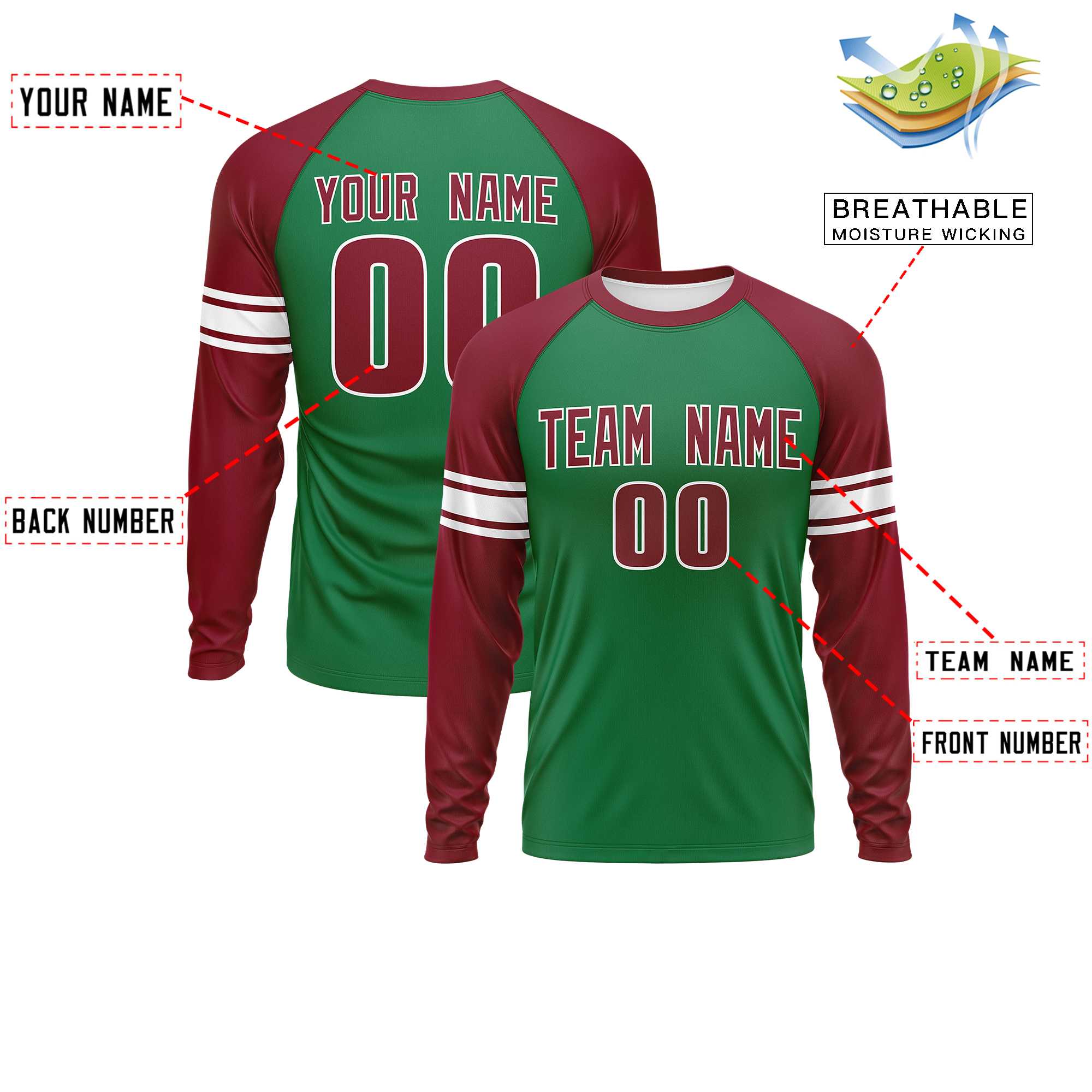 Custom Kelly Green Crimson White Crew Neck Personalized Raglan Long Sleeve Performance T-shirt