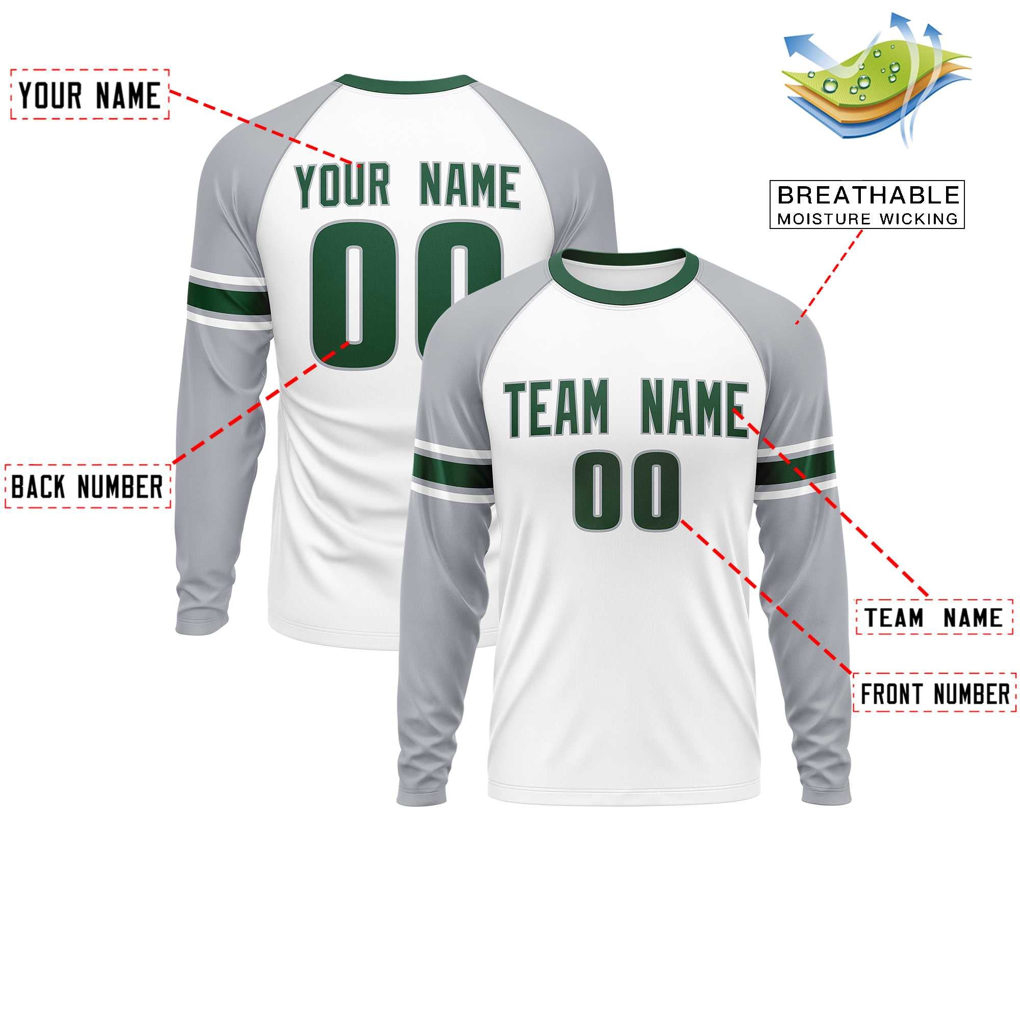 Custom White Gray Green Crew Neck Personalized Raglan Long Sleeve Performance T-shirt