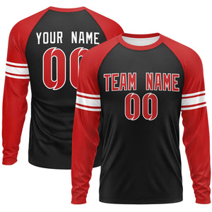 Custom Black Red White Crew Neck Personalized Raglan Long Sleeve Performance T-shirt