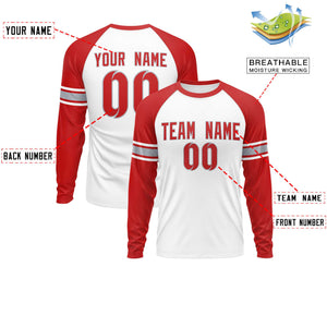 Custom White Red Gray Crew Neck Personalized Raglan Long Sleeve Performance T-shirt