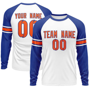 Custom White Royal Orange Crew Neck Personalized Raglan Long Sleeve Performance T-shirt