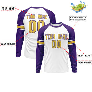 Custom White Purple Old Gold Crew Neck Personalized Raglan Long Sleeve Performance T-shirt