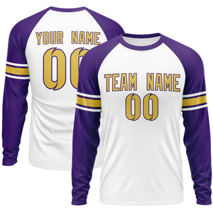 Custom White Purple Old Gold Crew Neck Personalized Raglan Long Sleeve Performance T-shirt