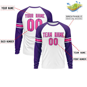 Custom White Purple Pink Crew Neck Personalized Raglan Long Sleeve Performance T-shirt