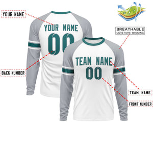 Custom White Gray Aqua Crew Neck Personalized Raglan Long Sleeve Performance T-shirt