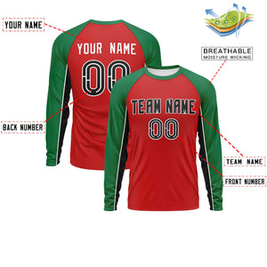 Custom Red Kelly Green Crew Neck Raglan Long Sleeve Performance T-Shirt