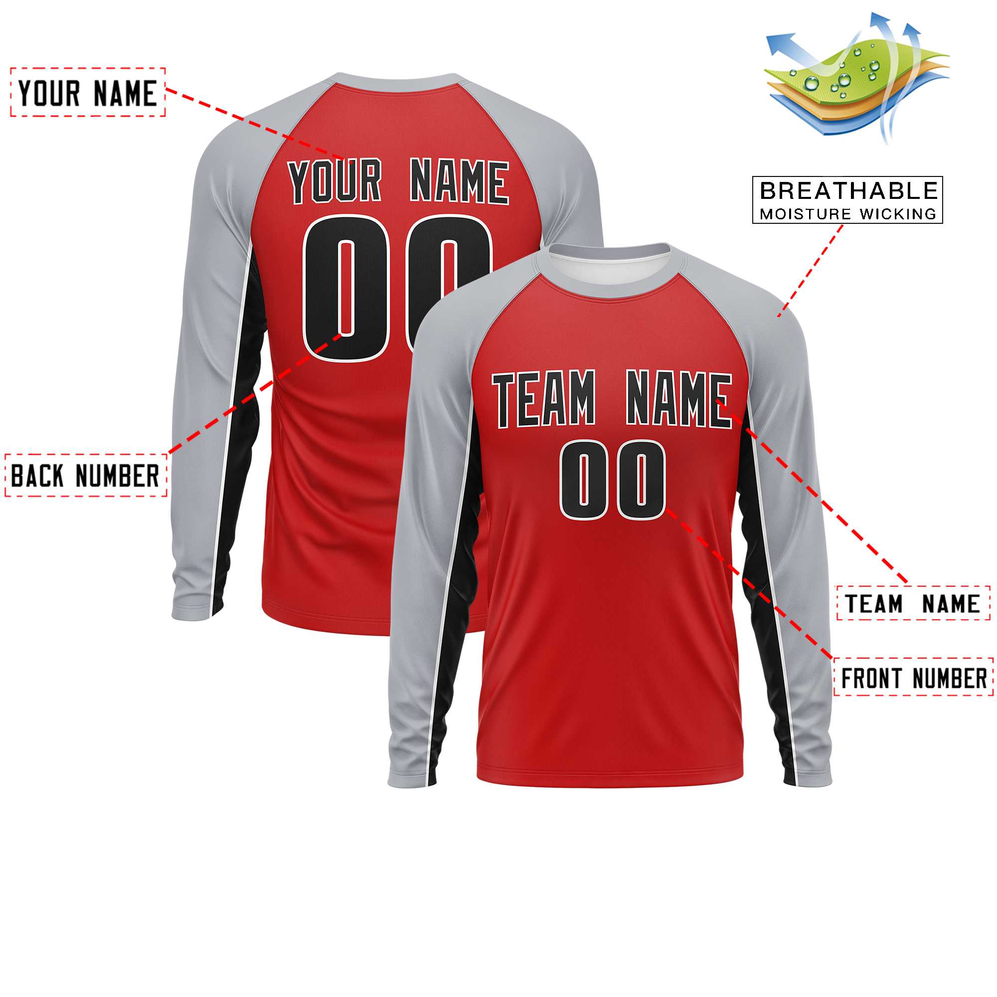 Custom Red Gray Crew Neck Raglan Long Sleeve Performance T-Shirt